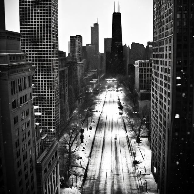 Prompt: Modern-day chicago in black and white film noir view in the winter time,cinematic-style.