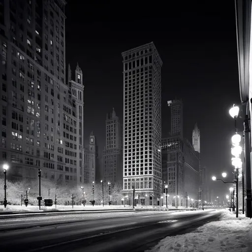 Prompt: Modern-day chicago in black and white film noir view in the winter time,cinematic-style.