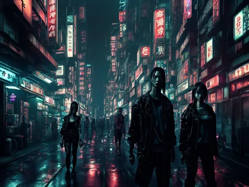Prompt: Dark cyberpunk scene with Japanese style, intense lighting, high-tech cityscape, futuristic neon signs, detailed characters, moody atmosphere, game-quality, cyberpunk, Japanese style, neon-lit, detailed characters, intense lighting, futuristic cityscape, moody atmosphere