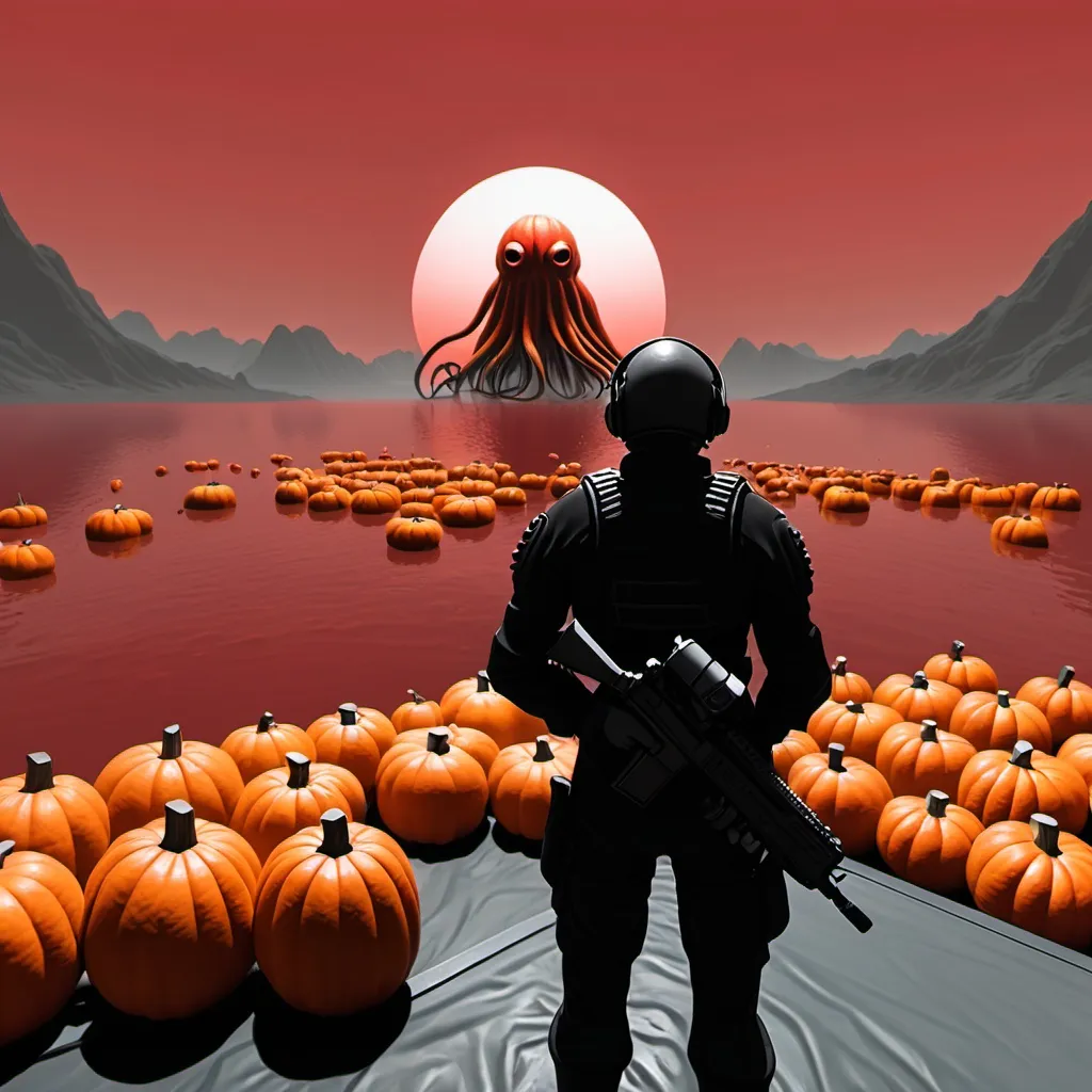 Prompt: scp guard staring at a red lake full of pumpkins while a kraken emerges