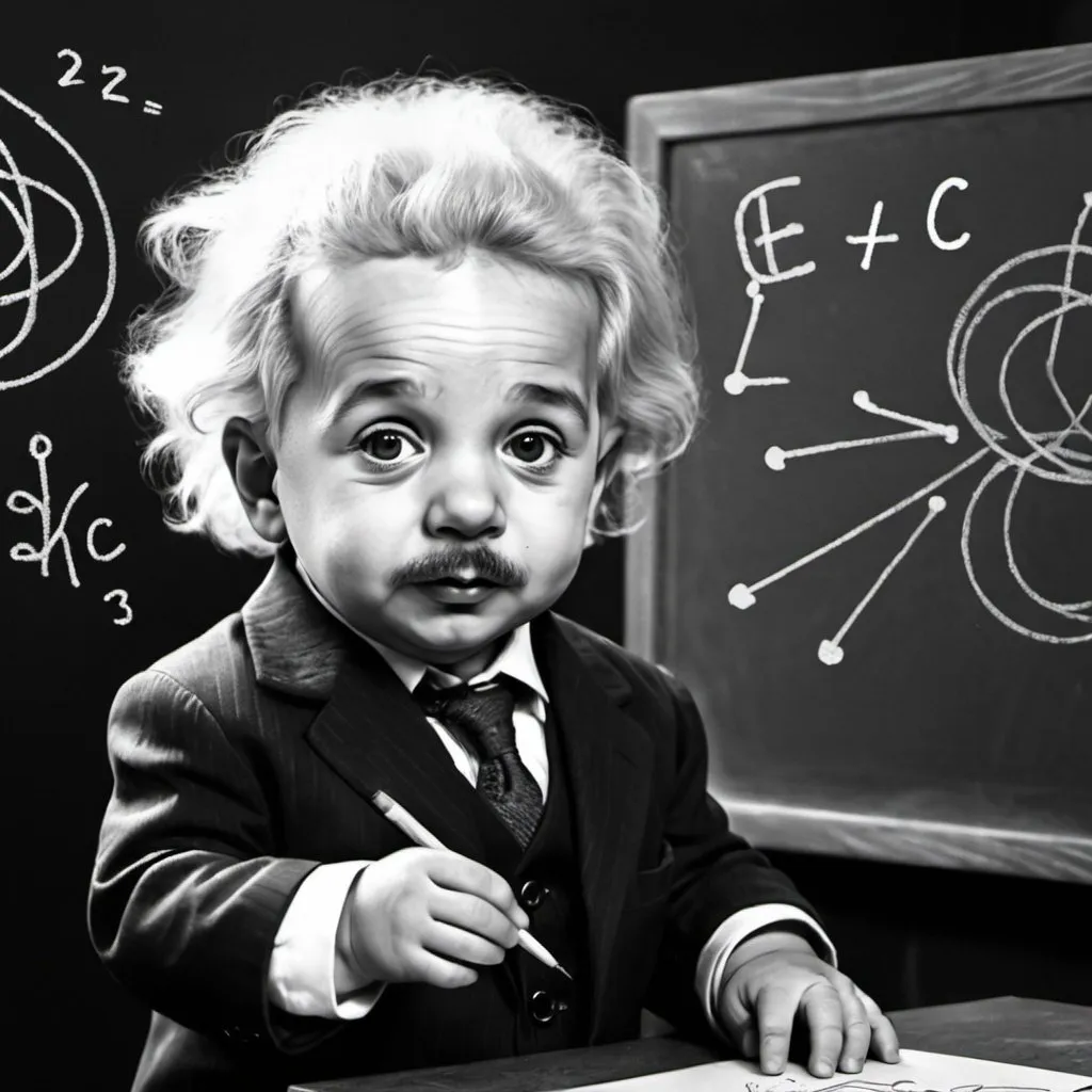 Prompt: drawing an artistic image of baby albert einstein in a suit with an e+mc2 chalkboard in the background