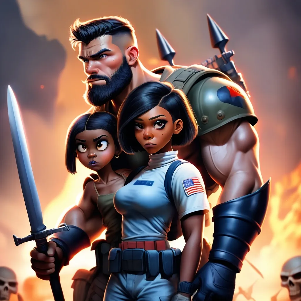 Prompt: A thin, bearded tan skinned American soldier with a fade haircut and a weapon in combat gear, protecting his scared cute black wife from a demon.