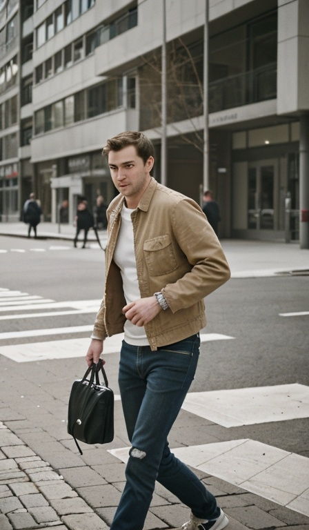 Prompt: A lifelike image capturing a man walking mid-step down a lively yet calm city street during daylight, rendered with high-resolution camera realism. The man is dressed in casual, modern attire: jeans, a light jacket, and sneakers. A worn, medium-sized leather satchel or canvas messenger bag hangs naturally by his side, slung over one shoulder. The focus is on the man, with a shallow depth of field that subtly blurs the background, creating realistic separation between the subject and his surroundings. Background elements like trees, urban buildings, and sidewalks contribute to the scene’s authenticity, with soft sunlight casting natural shadows that bring out texture and depth. The man’s relaxed posture, slightly blurred leg in mid-stride, and candid expression add to the impression of an everyday moment, as if photographed with a professional camera for realistic texture, lighting, and a balanced mix of focus and blur.

