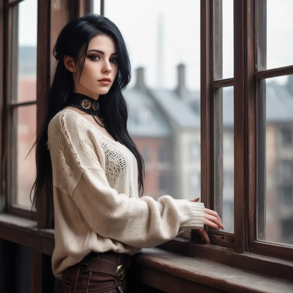 Prompt: Origianl Character, Realsitic photo, an woman with black hair, (delicate beautiful attractive face with black eyes), standing beside the windows, wearing casual sweater, (steampunk city view at outside the window)