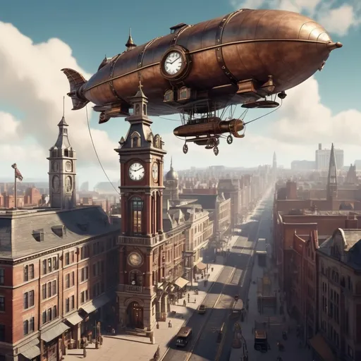 Prompt: (A scene of a steampunk city),  a city hall with clock tower in distance view, behind the city hall, an small airship floating in the sky, 1950's mood, masterpiece, high quality