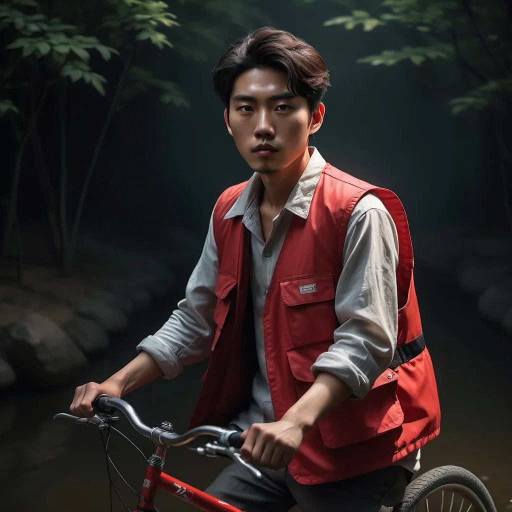 Prompt: Full body shot of the portrait of a young Korean man, riding a bicycle, wearing a red color fishing vest, captured in dim, moody lighting, deep shadows forming an enigmatic atmosphere, soft and somber colors enhance mystery, expressions reflecting untold stories, ultra-detailed, 4K quality, artistic depth giving life to character, 