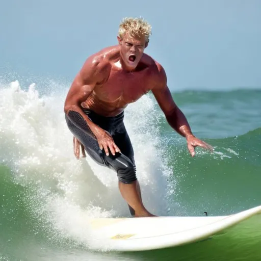 Prompt: Enormous blonde man surfing furiously across the English Channel
