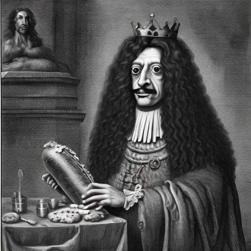 Prompt: King Charles II as a hot dog eating neanderthal 