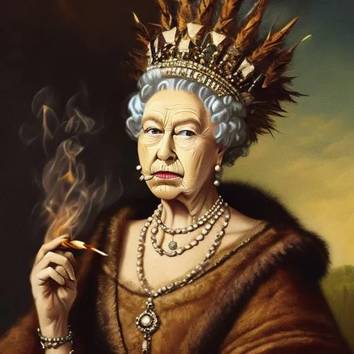 Prompt: Queen Elizabetk the 1st smoking a corn pipe and setting fire to her ruff