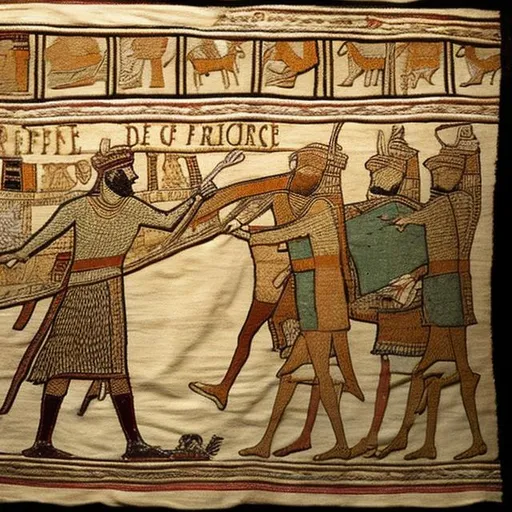 Prompt: Bayeux tapestry being stolen by a visiting Prince 