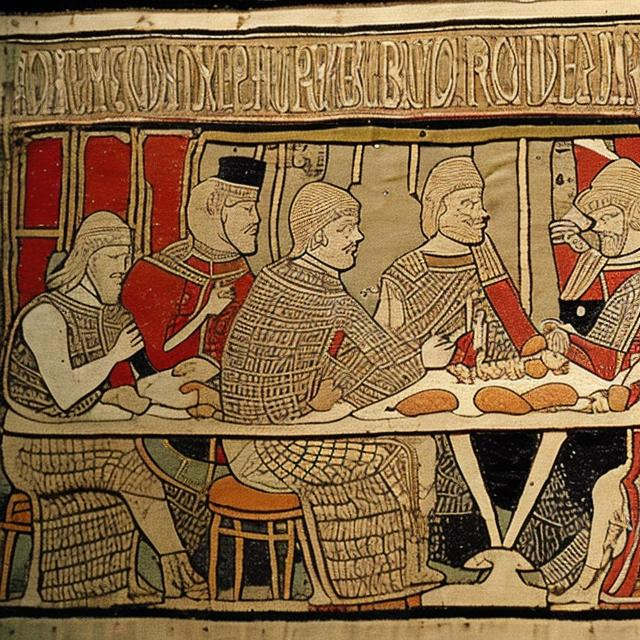 Prompt: Bayeux Tapestry figures eating burgers in France