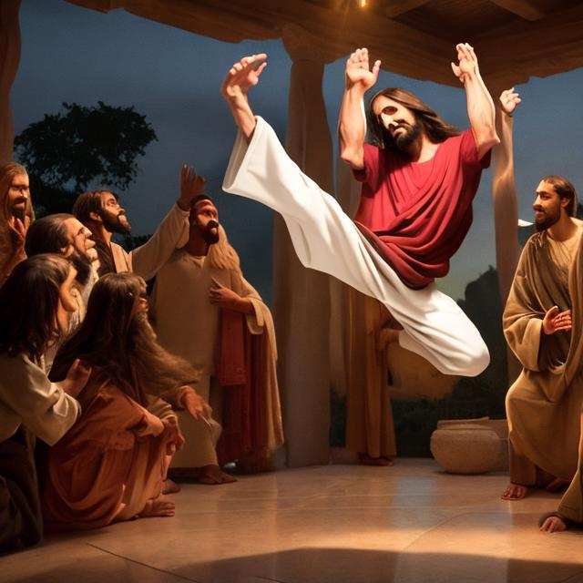 Prompt: Jesus performs an arabeaque at a dinner