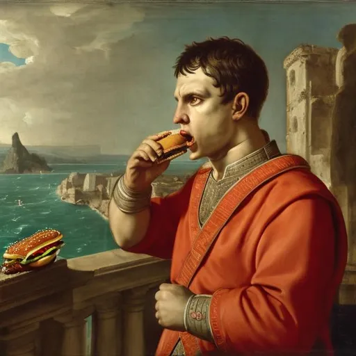 Prompt: Julius Ceasar observing the English shore line from France whilst angrily eating a burger 