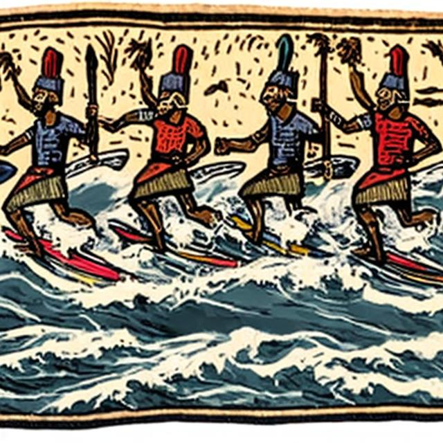 Prompt: Bayaux Tapestry style soldiers surfing across the English Channel