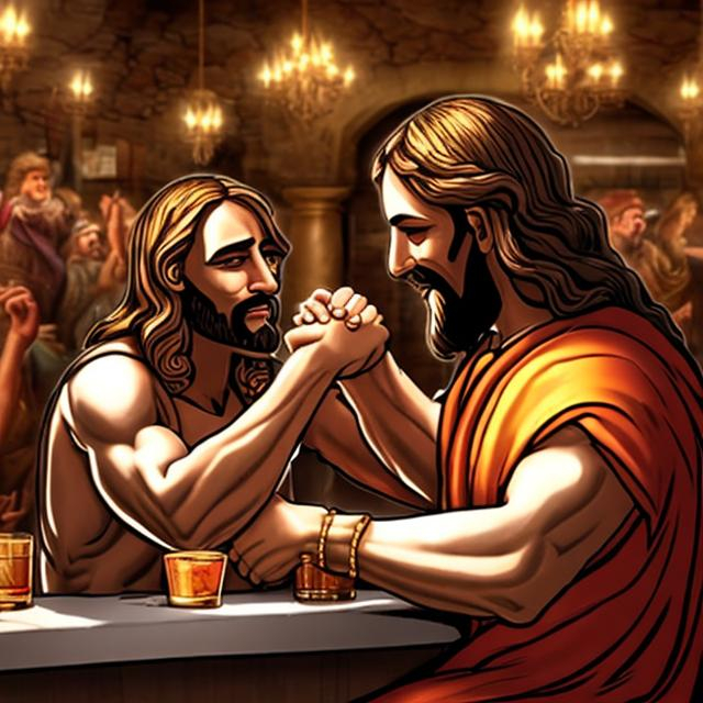 Prompt: Jesus arm wrestling Herod in a bar