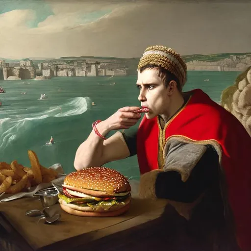 Prompt: Julius Ceasar observing the English shore line from France whilst angrily eating a burger 