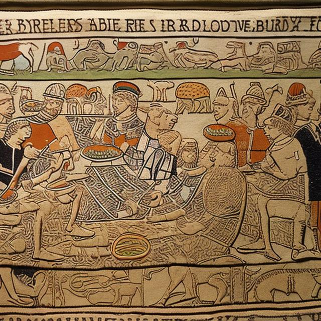 Prompt: Bayeux Tapestry figures eating burgers in France