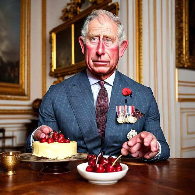Prompt: Prince Charles sulking about his pudding because it had too many cherries on top