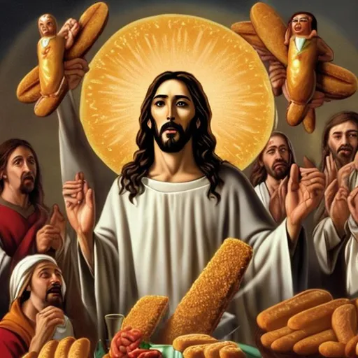Prompt: Jesus is not happy bread and wine and offers the masses hotdogs