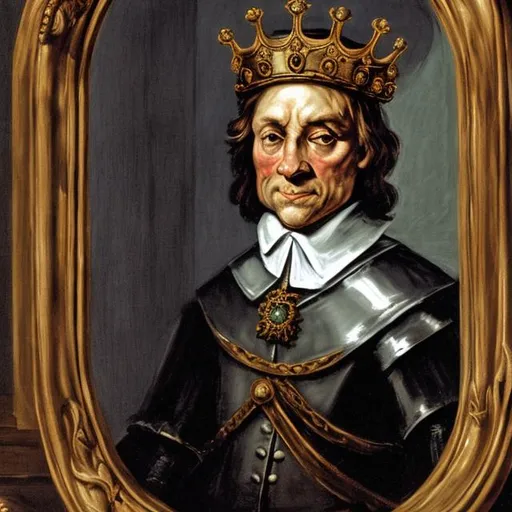 Prompt: Oliver Cromwell smugly wearing the crown in front of a mirror