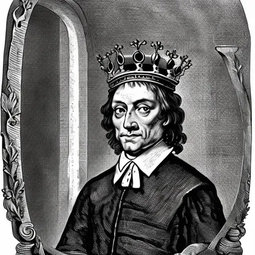 Prompt: Oliver Cromwell smugly wearing the crown in front of a mirror