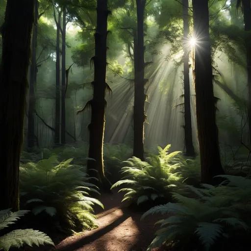 Prompt: A dense, shadowy forest with towering trees and thick underbrush. The light is dim, with beams of sunlight filtering through the leaves