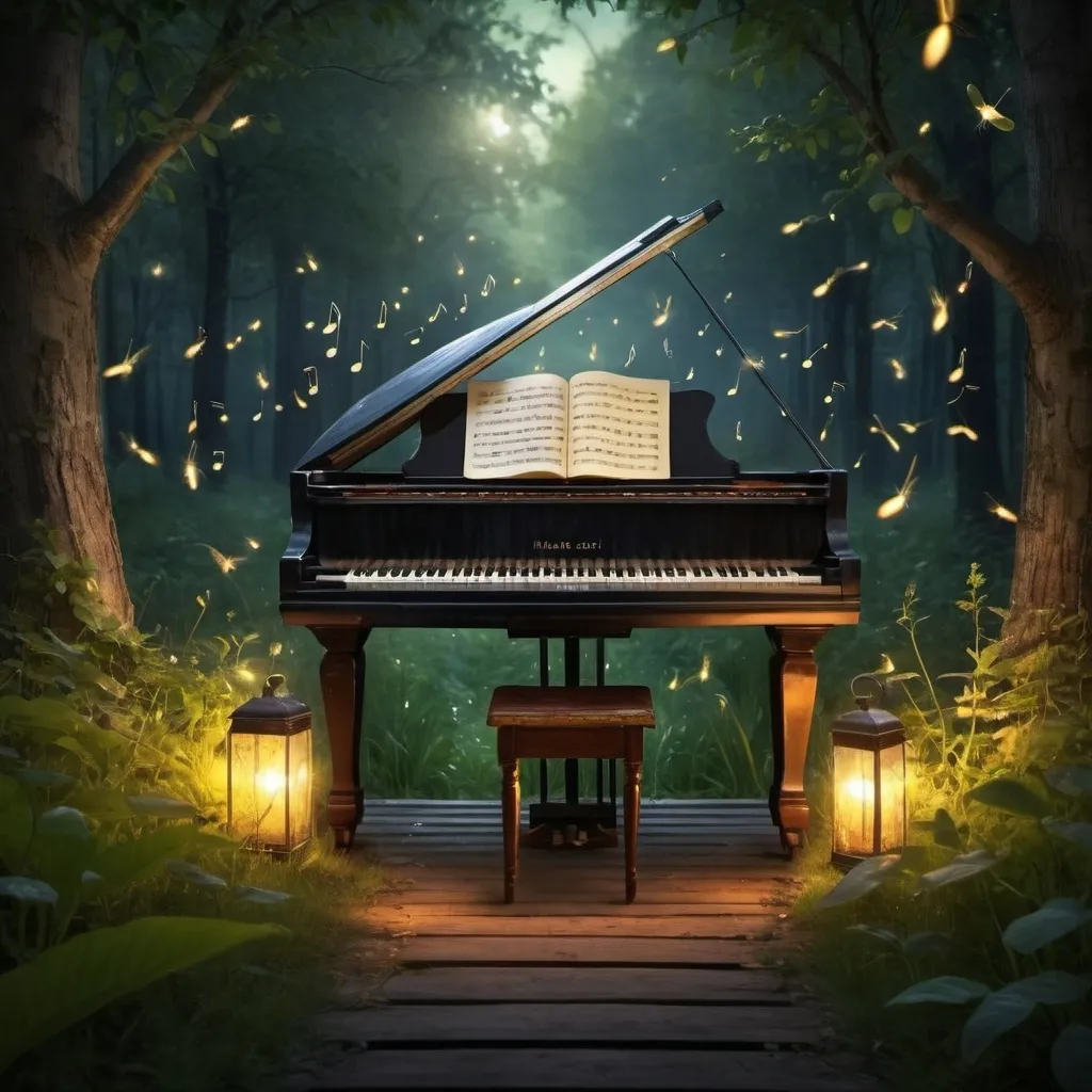 Prompt: music and nature magical with notes as fireflies and a path of piano keys

