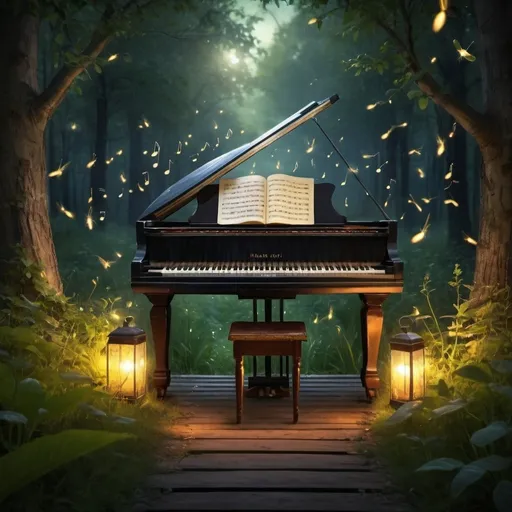 Prompt: music and nature magical with notes as fireflies and a path of piano keys

