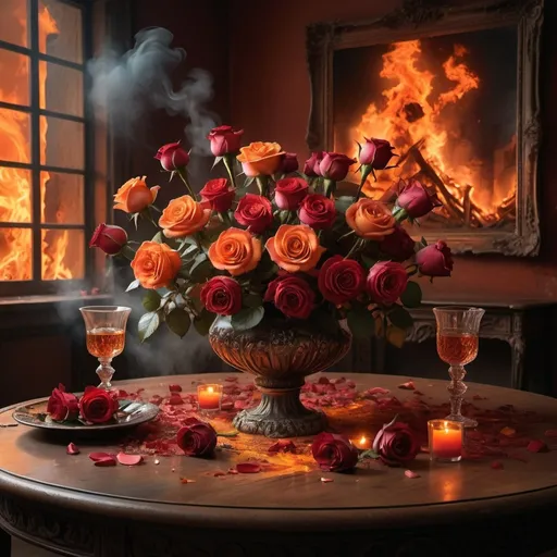 Prompt: Rose's on a table surviveing flames