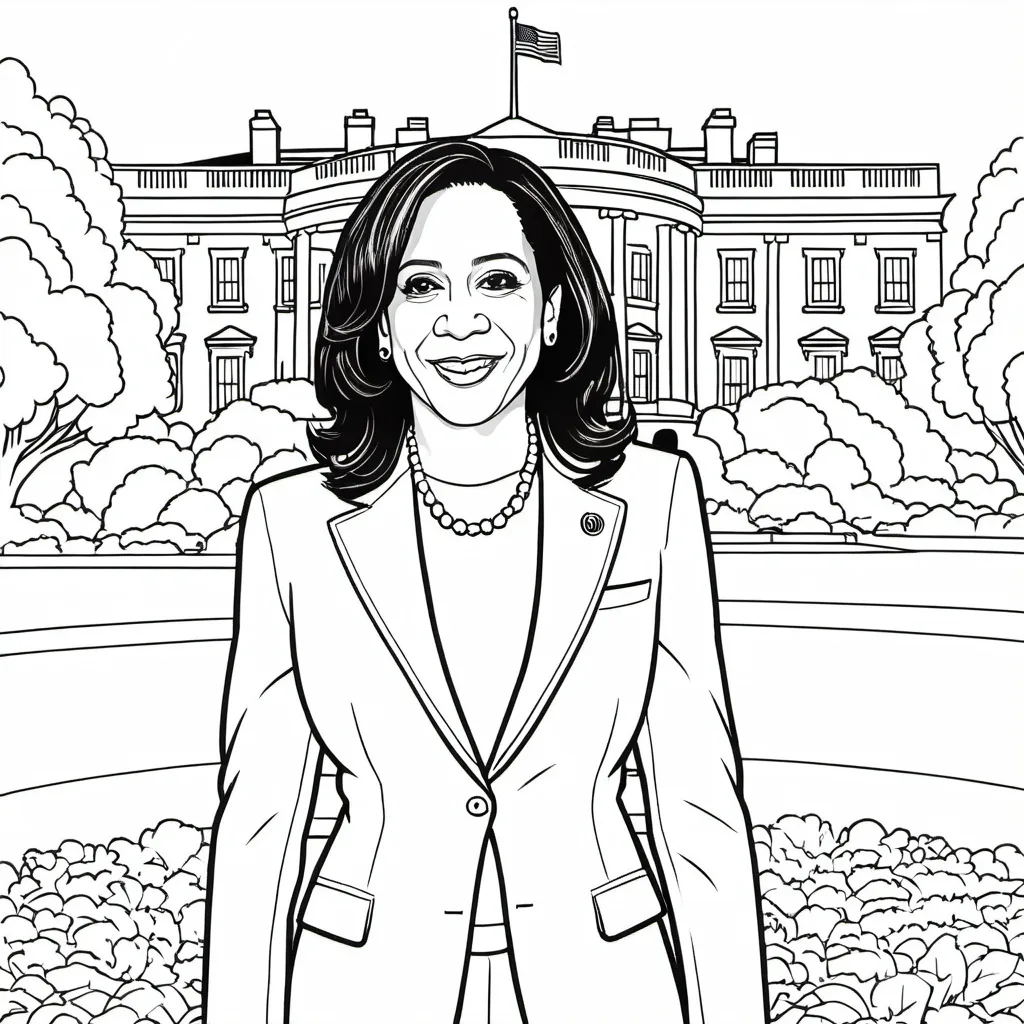 Prompt: B&W coloring book page, Kamala Harris standing in front of the White House