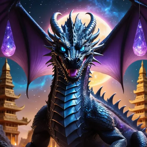 Prompt: A cosmic atmosphere, with a beautiful and majestic black dragon with pruple scales lights, blue eyes, protecting a temple a golden triangle