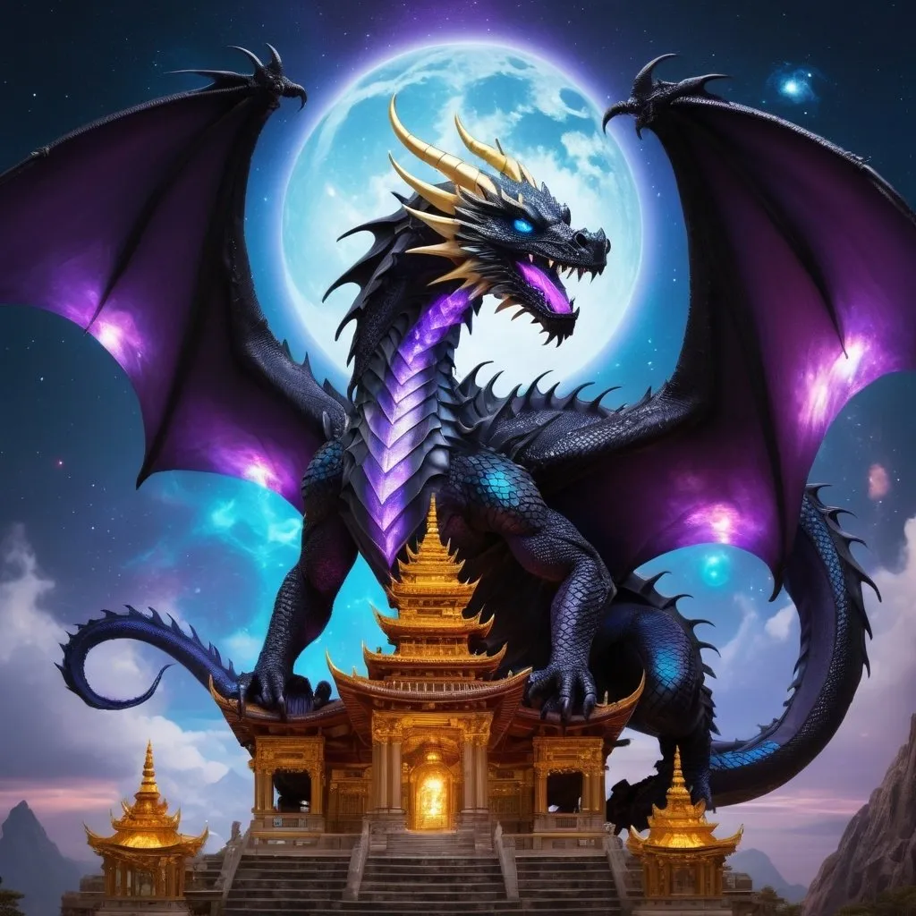 Prompt: A cosmic atmosphere, with a beautiful and majestic black dragon with pruple scales lights, blue eyes, protecting a temple a golden triangle