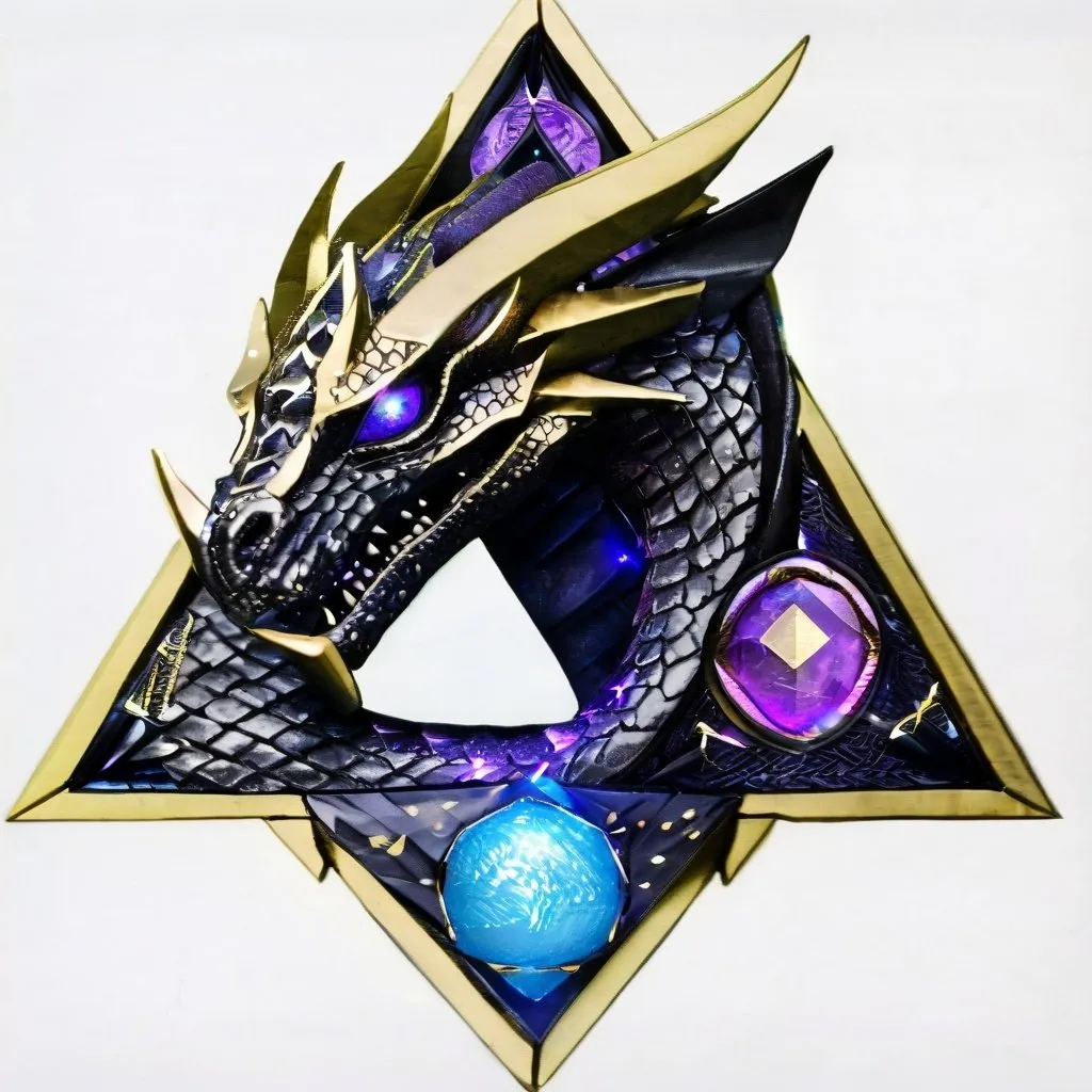 Prompt: A golden triangle, with a dragon around of the triangle, scales black with purple lights, with blue safire eyes