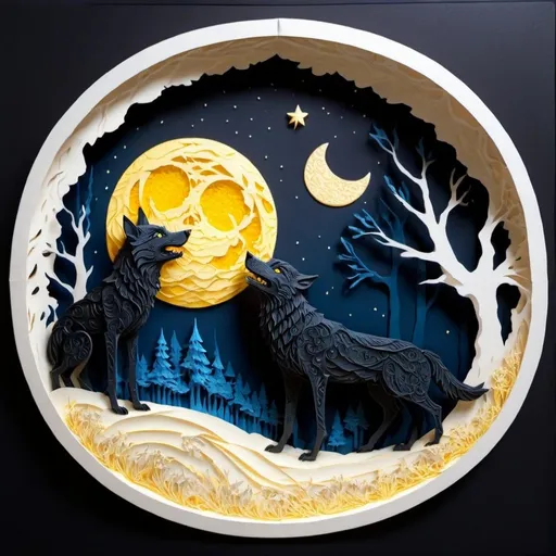 Prompt: One majestic black wolf with yellow eyes, chasing the moon, one majestic white wolf with blue eyes chasing the sun, in a cosmic fantasy world