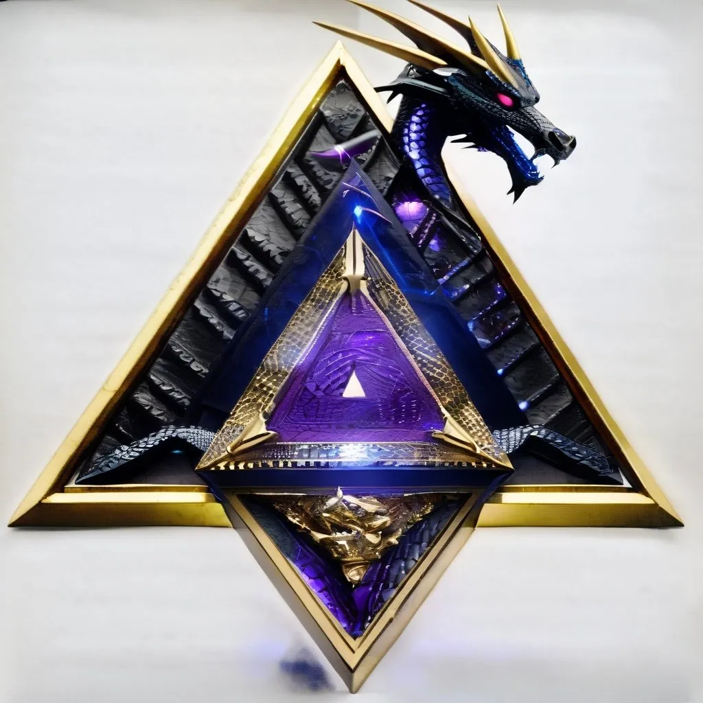 Prompt: A golden triangle, with a dragon around of the triangle, scales black with purple lights, with blue safire eyes