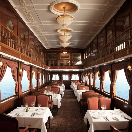 Prompt: Sure! Here are some prompts to help you create an image of the Titanic's interior:

1. Soft glow of lights in the cabin
2. Gentle rocking motion
3. Wooden furnishings
4. Elegant decor
5. Subdued music playing in the background
6. Crowds of passengers in the cabin
7. Exquisite tableware on dining tables
8. Faint aroma of the cabin
9. Intricate wall paintings or tapestries
10. Grandeur of the foyer
11. Plush carpets underfoot
12. Temperature inside the cabin
13. Clothing and fashion of the passengers
14. Laughter and chatter of guests
15. Bustling movement of stewards
16. Serene atmosphere
17. View of the ocean through windows
18. Aromas of fine dining in the restaurant
19. Distant sound of musical performances
20. Anticipation and excitement among the passengers
