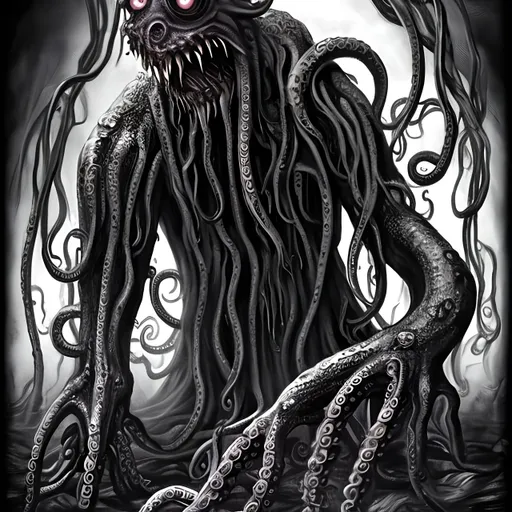 Prompt: create a creepy monster with tentacles, and the possibility to haunt you, long nails, dark horror