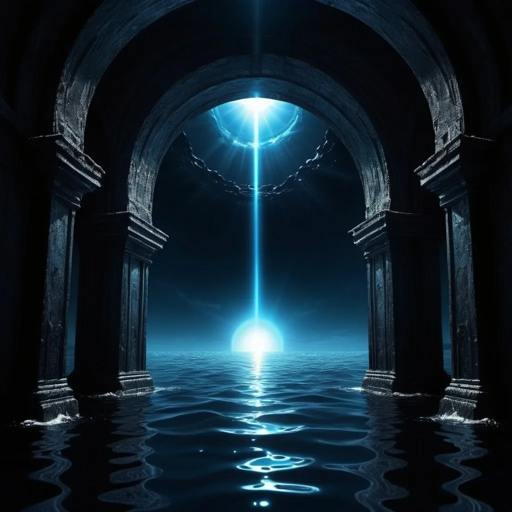 Prompt: Dark portals connected by a beam, vast ocean, mystical atmosphere, high contrast, digital art, surreal, deep blue and black tones, glowing beam, intense reflection on water, high quality, surreal, oceanic, mystical atmosphere, digital art, high contrast, dark portals, glowing beam, deep blue tones, intense reflection, vast ocean