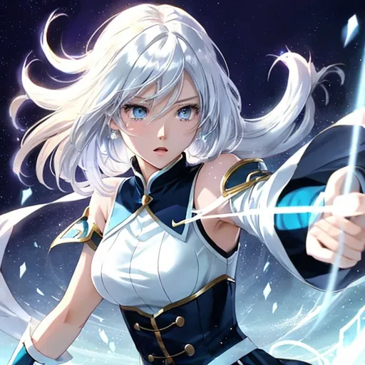 Prompt: Anime illustration of a girl with shoulder-length dark white hair, running anxiously, magical powers, well-proportioned body, shades of blue, intense expression, dynamic movement, anime, magical girl, intense emotion, detailed hair, anime style, dynamic pose, vibrant purple, high quality, action-packed, vibrant colors, magical powers, professional, atmospheric lighting Short clothes with faded white tones from the 1970s, icy blue eyes 