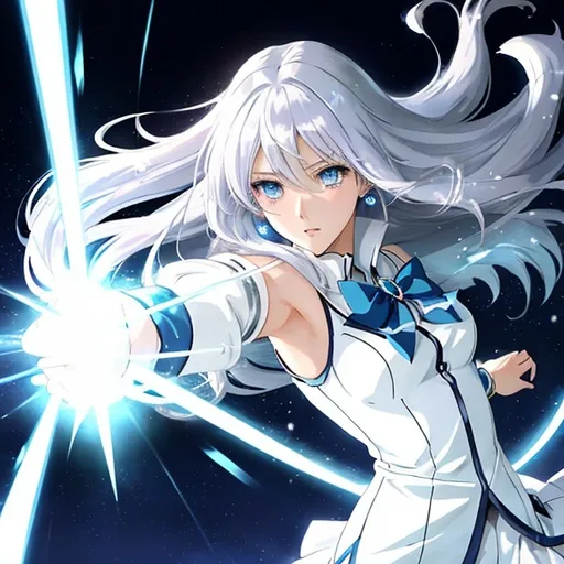 Prompt: Anime illustration of a girl with shoulder-length dark white hair, running anxiously, magical powers, well-proportioned body, shades of blue, intense expression, dynamic movement, anime, magical girl, intense emotion, detailed hair, anime style, dynamic pose, vibrant purple, high quality, action-packed, vibrant colors, magical powers, professional, atmospheric lighting Short clothes with faded white tones from the 1970s, icy blue eyes 
