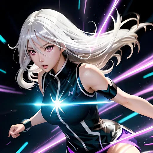 Prompt: Anime illustration of a girl with shoulder-length dark white hair, running anxiously, magical powers, well-proportioned body, shades of cyber, intense expression, dynamic movement, anime, magical girl, intense emotion, detailed hair, anime style, dynamic pose, vibrant purple, high quality, action-packed, vibrant colors, magical powers, professional, atmospheric lighting Short clothes with faded black tones from the 1970s, icy blue eyes 