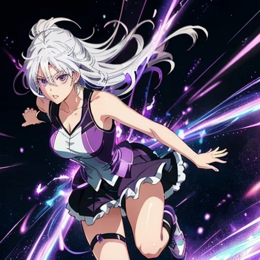 Prompt: Anime illustration of a girl with shoulder-length dark white hair, running anxiously, magical powers, well-proportioned body, shades of purple, intense expression, dynamic movement, anime, magical girl, intense emotion, detailed hair, anime style, dynamic pose, vibrant purple, high quality, action-packed, vibrant colors, magical powers, professional, atmospheric lighting