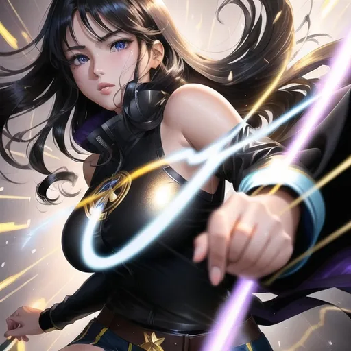 Prompt: Anime illustration of a girl with shoulder-length dark black hair, running anxiously, magical powers, well-proportioned body, shades of gold, worried expression, dynamic movement, anime, magical girl, intense emotion, detailed hair, anime style, dynamic pose, vibrant purple, high quality, action-packed, vibrant colors, magical powers, professional, atmospheric lighting Short clothes with faded black tones from the 1970s, icy blue eyes 