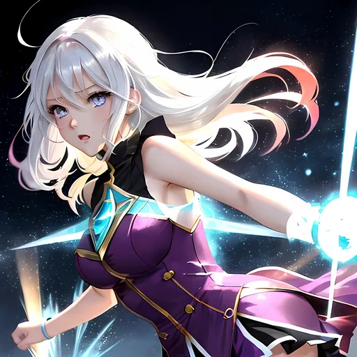 Prompt: Anime illustration of a girl with shoulder-length dark white hair, running anxiously, magical powers, well-proportioned body, shades of red, intense expression, dynamic movement, anime, magical girl, intense emotion, detailed hair, anime style, dynamic pose, vibrant purple, high quality, action-packed, vibrant colors, magical powers, professional, atmospheric lighting Short clothes with faded white tones from the 1970s, icy blue eyes 