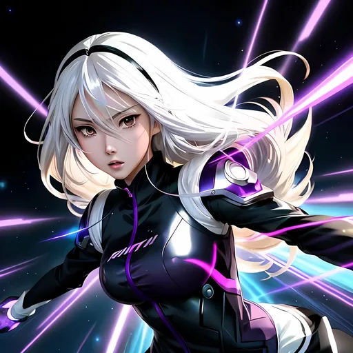 Prompt: Anime illustration of a girl with shoulder-length dark white hair, running anxiously, magical powers, well-proportioned body, shades of cyber, intense expression, dynamic movement, anime, magical girl, intense emotion, detailed hair, anime style, dynamic pose, vibrant purple, high quality, action-packed, vibrant colors, magical powers, professional, atmospheric lighting Short clothes with faded black tones from the 1970s, icy blue eyes 