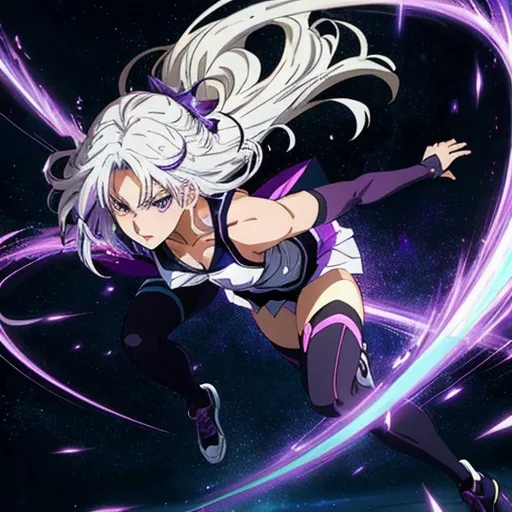 Prompt: Anime illustration of a girl with shoulder-length dark white hair, running anxiously, magical powers, well-proportioned body, shades of purple, intense expression, dynamic movement, anime, magical girl, intense emotion, detailed hair, anime style, dynamic pose, vibrant purple, high quality, action-packed, vibrant colors, magical powers, professional, atmospheric lighting