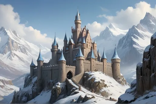 Prompt: a hyper-detailed, widescreen image of the Kingdom of House Drakar. The scene is set in a cold, snowy landscape, where the kingdom is built into the side of a towering mountain, located at the base of a vast, snow-covered mountain range. At the center of the kingdom stands a massive stone castle, reminiscent of Winterfell but much larger, with towering walls, spires, and battlements. The castle and surrounding buildings blend seamlessly into the rugged, rocky terrain, with layers of snow covering the rooftops and ground. The atmosphere should evoke a sense of cold majesty, isolation, and strength, with the kingdom exuding power and resilience in the harsh, wintry environment. The castle should appear weathered and ancient, with thick stone walls and narrow windows. Snow drifts and icy patches are scattered throughout the scene, while the mountain range in the background adds grandeur and depth. The color palette should feature muted, wintry tones—gray stone, white snow, and subtle shades of blue—creating a chilling but awe-inspiring atmosphere