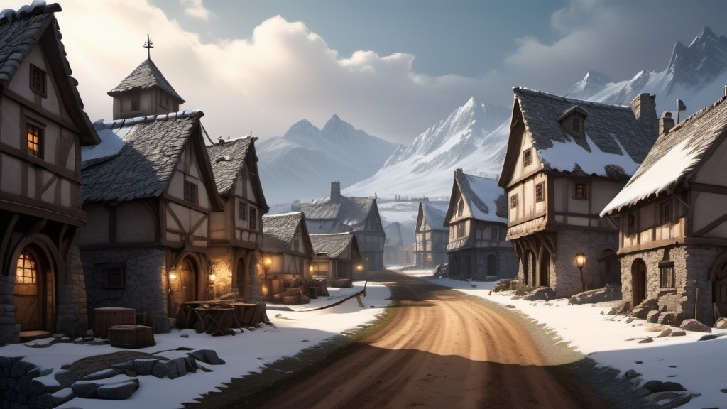 Prompt: Large settlement, Clear but Snowy, Gravel showy roads, dramatic fantasy settlement scene, cinematic lighting, Stone buildings