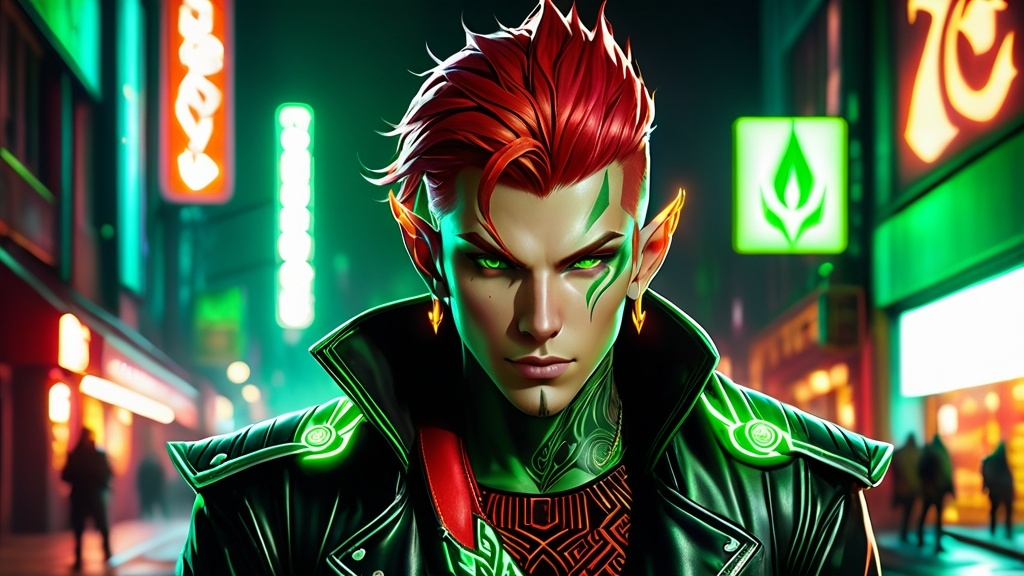 Prompt: A realistic image of Lothos 'Ember' Ni'Long, an elf with fire red hair, wearing the distinctive black leather jacket with green highlights and the emblem of the Ancients gang on the back. He has a serious demeanor and is depicted with detailed green and black glowing tattoos on his face that move and change randomly. The background is a gritty urban setting typical of the Shadowrun universe, with neon lights and a dark atmosphere. Lothos stands confidently, embodying his role as a fire mage and member of the Ancients.