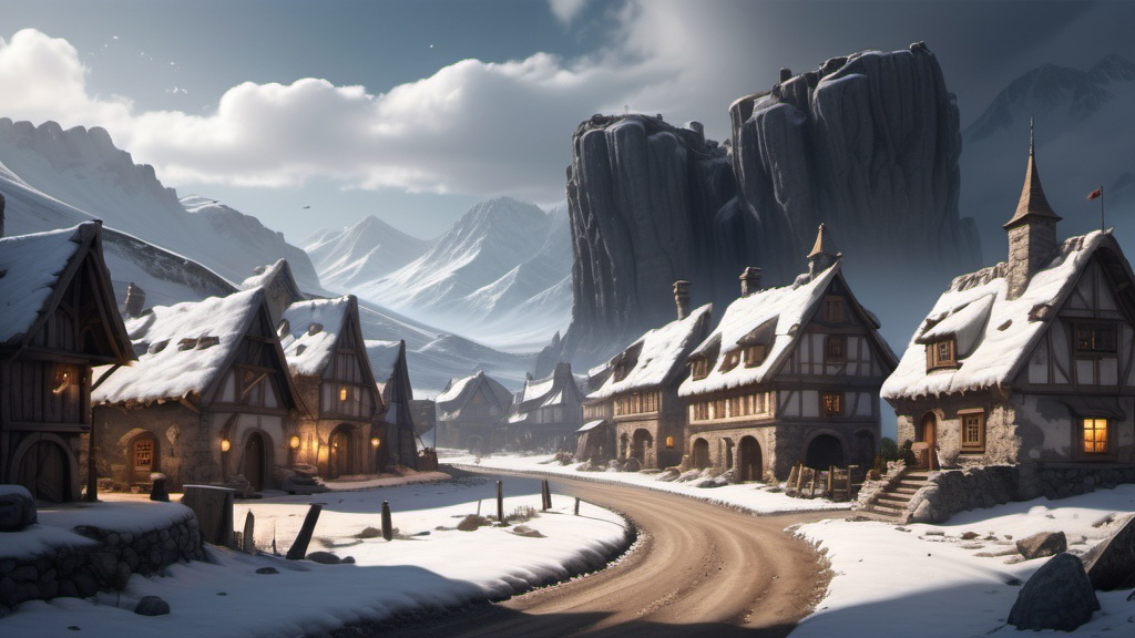 Prompt: Large settlement, Clear but Snowy, Gravel showy roads, dramatic fantasy settlement scene, cinematic lighting, Stone buildings